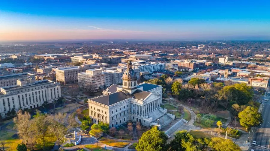 An aerial view of the capitol building in Columbia, South Carolina.
