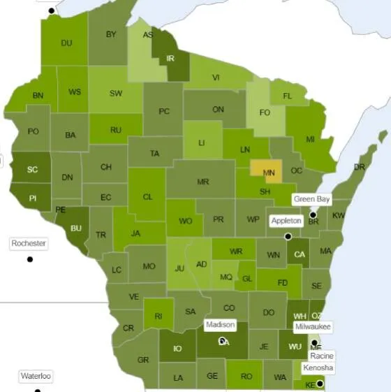 A map showing the county health rankings for each of Wisconsin's counties.