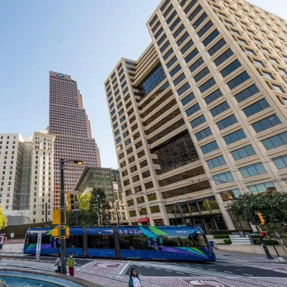 A light trail train travels through downtown Atlanta.
