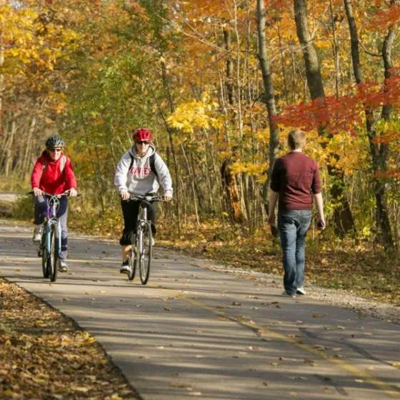 Bikers and walkers travel down a bike path in suburban Cook County, Illinois.