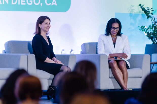 CDC Director Mandy Cohen (left) sits down for some recipient Q&A with Stacey Mattison Jenkins, Director of the Division of Jurisdictional Support in CDC’s Public Health Infrastructure Center.