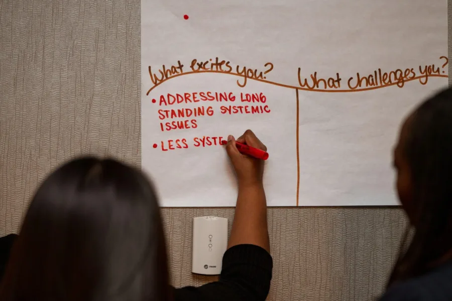 A health department recipients writes down reflections on PHIG on a large piece of paper.