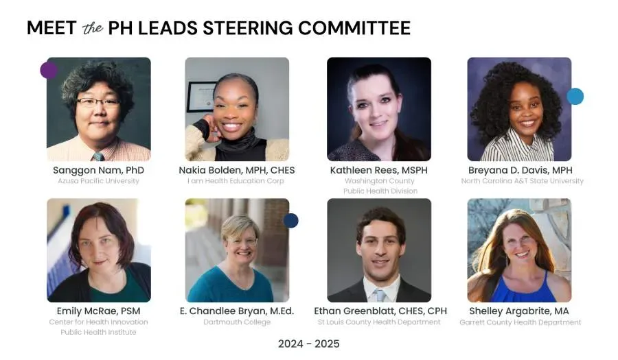 Photos of the Public Health LEADS Steering Committee, including the following individuals: Sanggom Nam, PhD, Azusa Pacific University; Nakia Bolden, I Am Health Education Corps; Kathleen Rees, Washington County Public Health Division; Breyana D. Davis, North Carolina A&T State University; Emily McRae, Center for Health Innovation; E. Chandlee Bryan, Dartmouth College; Ethan Greenblatt, St. Louis County Health Department; Shelley Argabrite, Garrett County Health Department.